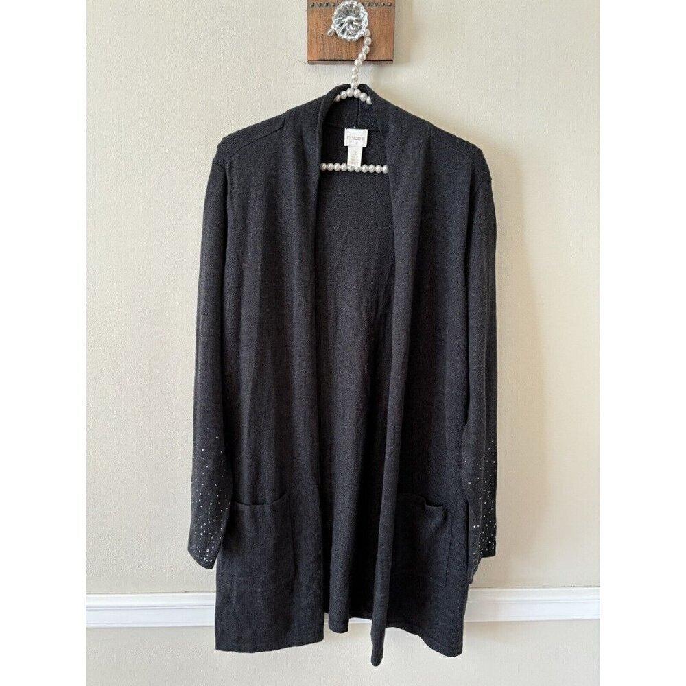 Chicos Womens Size 3 Gray Open Front Cardigan Sweater Pockets Beaded Cuffs
